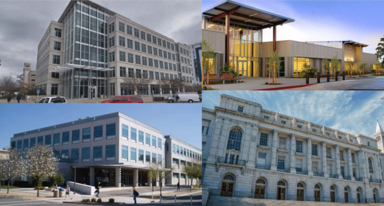 Four buildings used for the hot water project's research and demonstrations